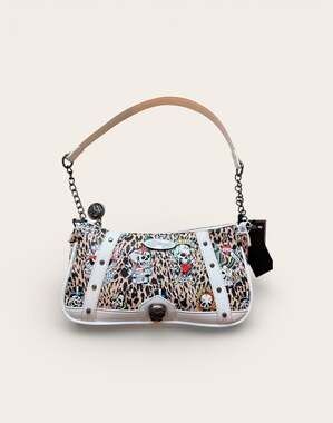 NWT Ed Hardy Cheetah Print Tattoo Skull Demi Shoulder Bag with Chain Strap